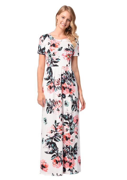 SZ60130-1 Womens T-Shirt Short Sleeve Floral Print Maxi Dress With Pockets